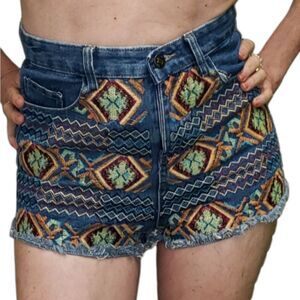 Embroidered Denim Shorts High Waisted Raw Hem Size S Cutoff